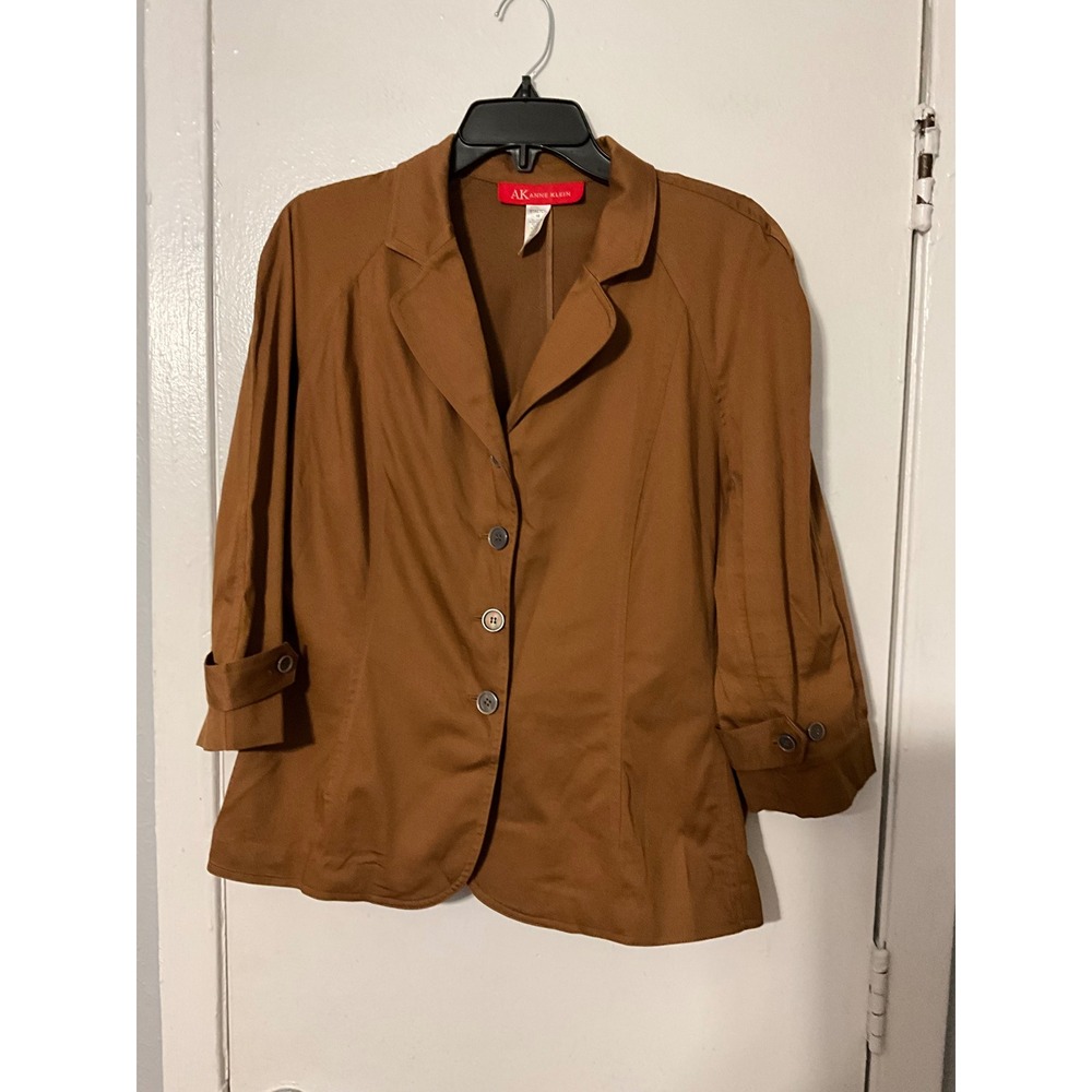 Anne Klein AK Womens Brown Stretch 3/4 Sleeve Button Front Blazer Jacket Size 16